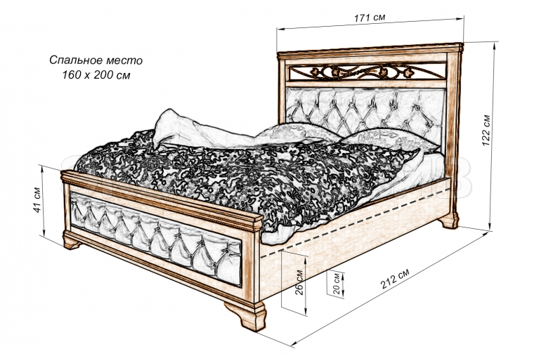 Кровать Валенсия с мягкой вставкой и ковкой из массива бука
