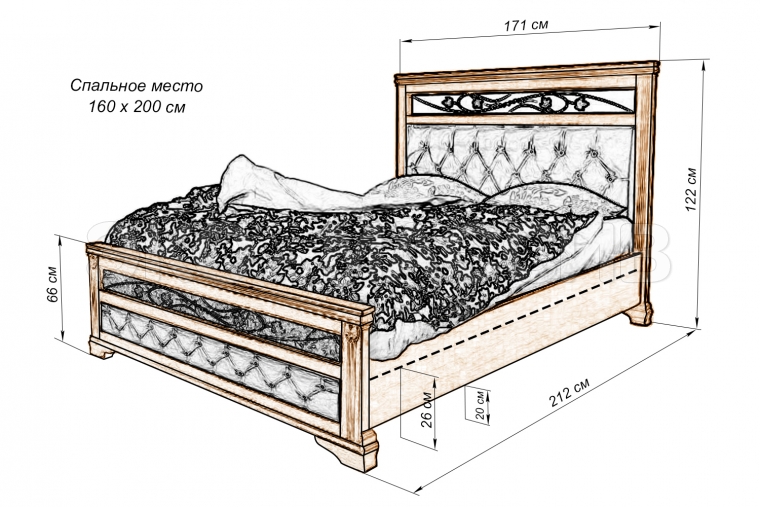 Кровать Валенсия-2 с мягкой вставкой и ковкой из массива дуба
